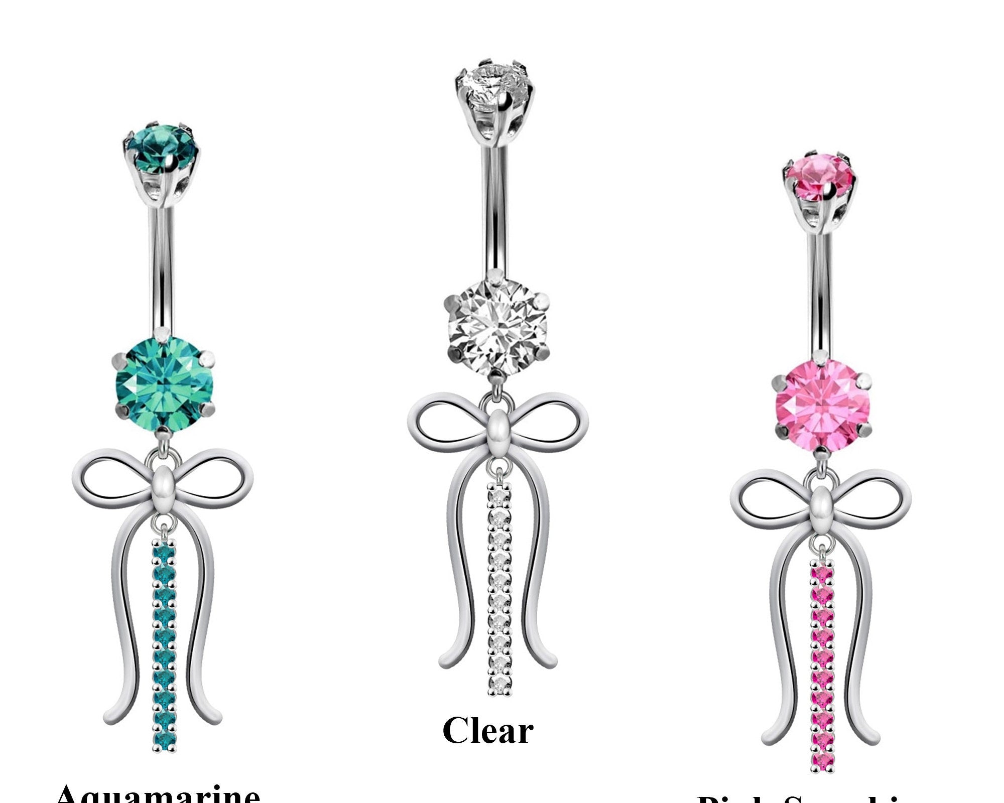 Designer Belly Rings- Silver - Ribbon bow tie Design Belly Bars with CZ Crystals - Navel Ring - 14g (1.6mm) Length is 10mm