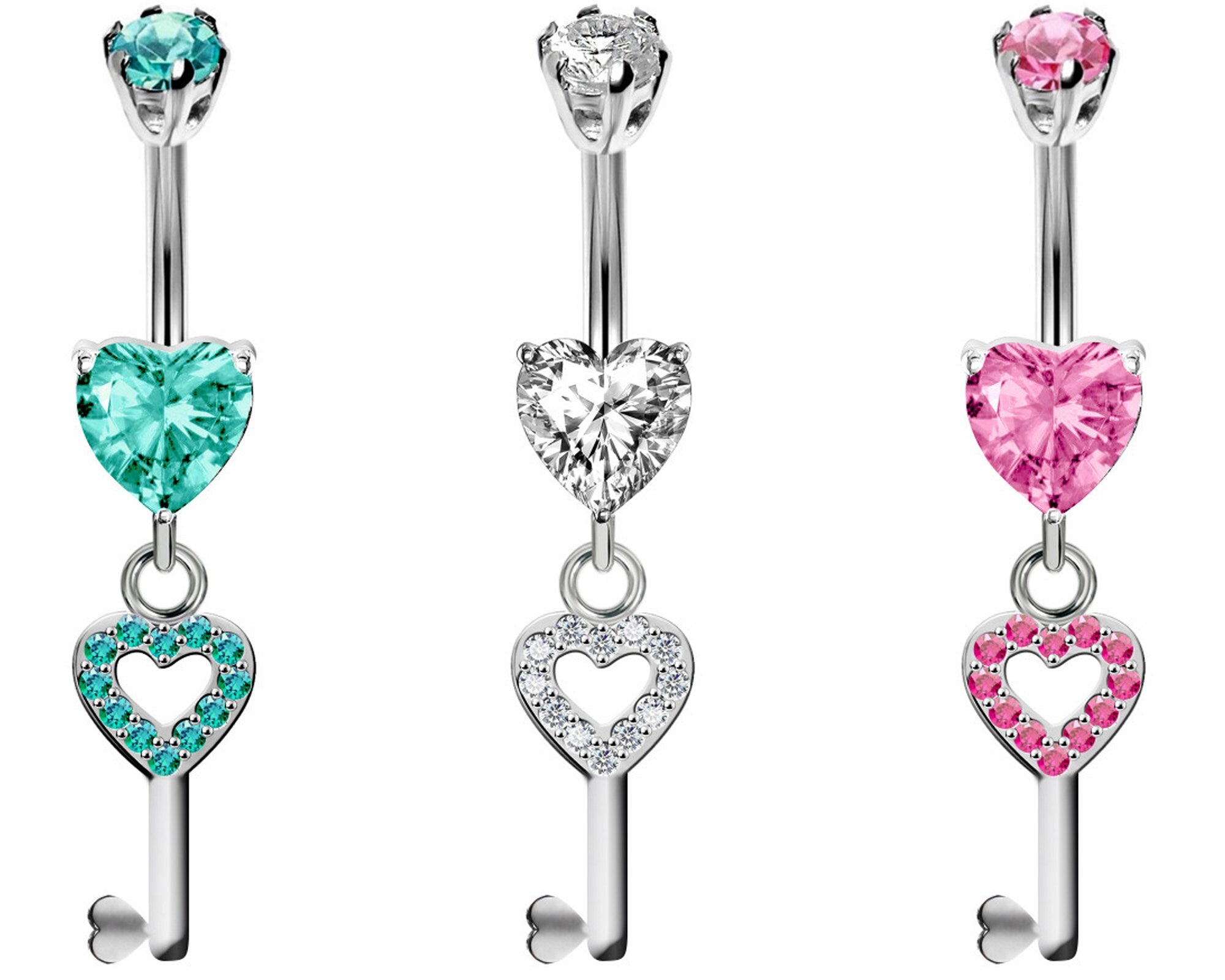 Heart Key Design Belly Bars studded with CZ Crystals Designer Belly Button Rings - Silver - Belly Button - 14g (1.6mm)