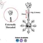 Designer Belly Button Rings- Silver - Nautical Wheel Design Belly Bars with CZ Crystals - Navel Ring - 14g (1.6mm) Length is 10mm