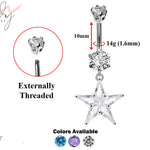 Designer Belly Button Rings- Silver - Star Dangle Design Belly Bars with CZ Crystals - Navel Ring - 14g (1.6mm) Length is 10mm