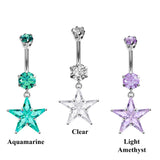 Designer Belly Button Rings- Silver - Star Dangle Design Belly Bars with CZ Crystals - Navel Ring - 14g (1.6mm) Length is 10mm