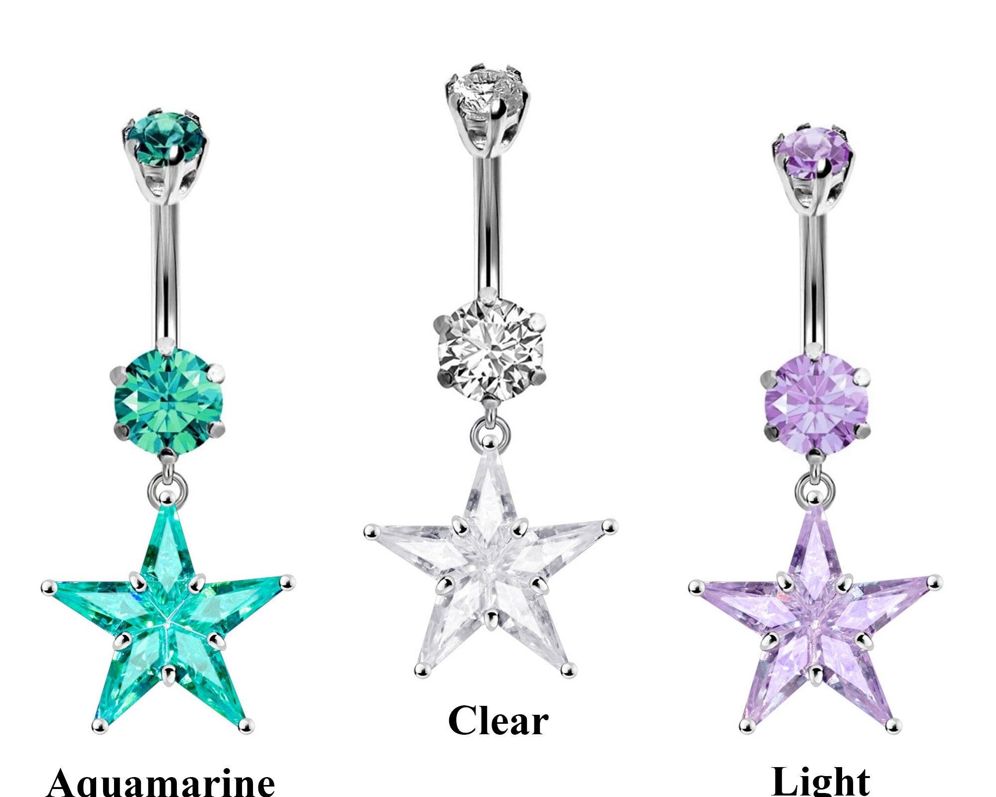 Designer Belly Button Rings- Silver - Star Dangle Design Belly Bars with CZ Crystals - Navel Ring - 14g (1.6mm) Length is 10mm