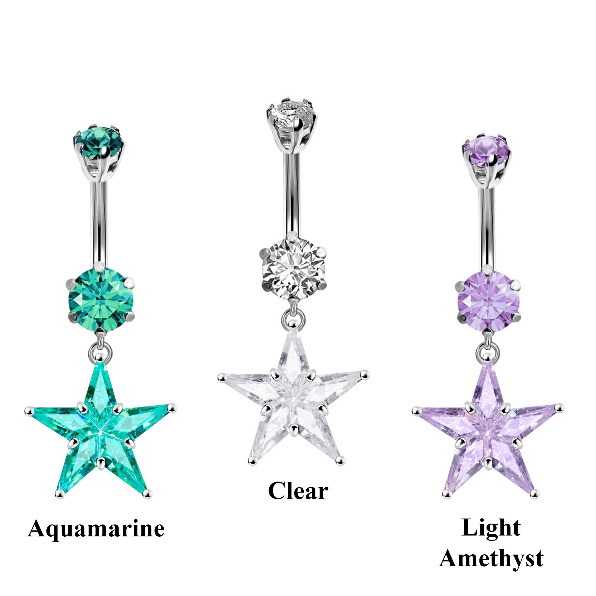 Designer Belly Button Rings- Silver - Star Dangle Design Belly Bars with CZ Crystals - Navel Ring - 14g (1.6mm) Length is 10mm