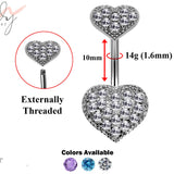 Designer Belly Ring - Silver - Double Heart Top and Bottom Belly Ring studded with CZ Crystals - Navel Ring - 14g (1.6mm) Length is 10mm