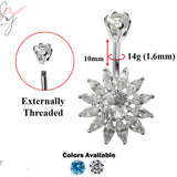 Designer Belly Ring - Silver - Sun Flower Belly Bars made of CZ Crystals - Navel Ring - 14g (1.6mm) Length is 10mm