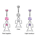 Designer Belly Bars - Silver - Guardian Angel Design Belly Ring with Center CZ Crystals - Navel Ring - 14g (1.6mm) Length is 10mm