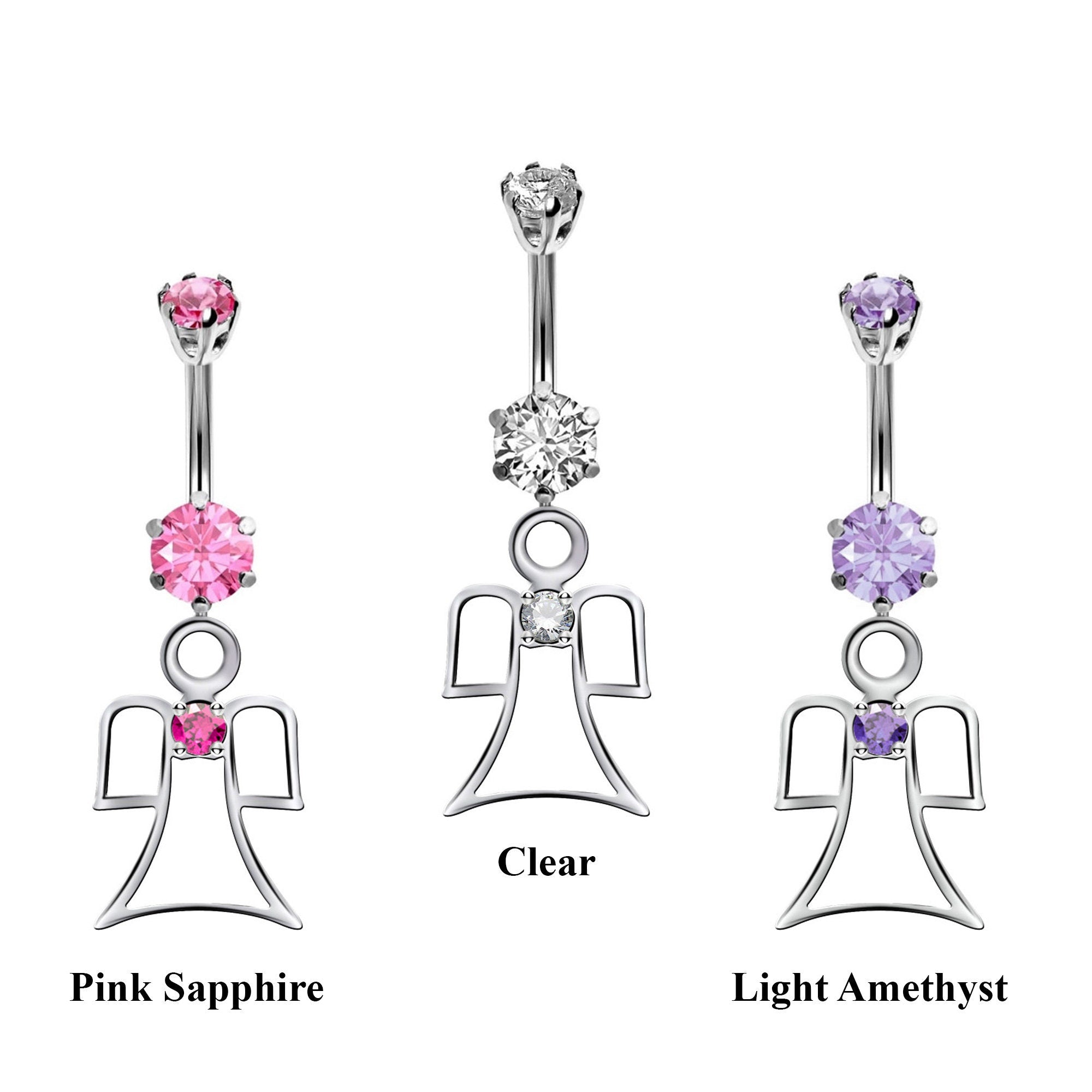 Designer Belly Bars - Silver - Guardian Angel Design Belly Ring with Center CZ Crystals - Navel Ring - 14g (1.6mm) Length is 10mm