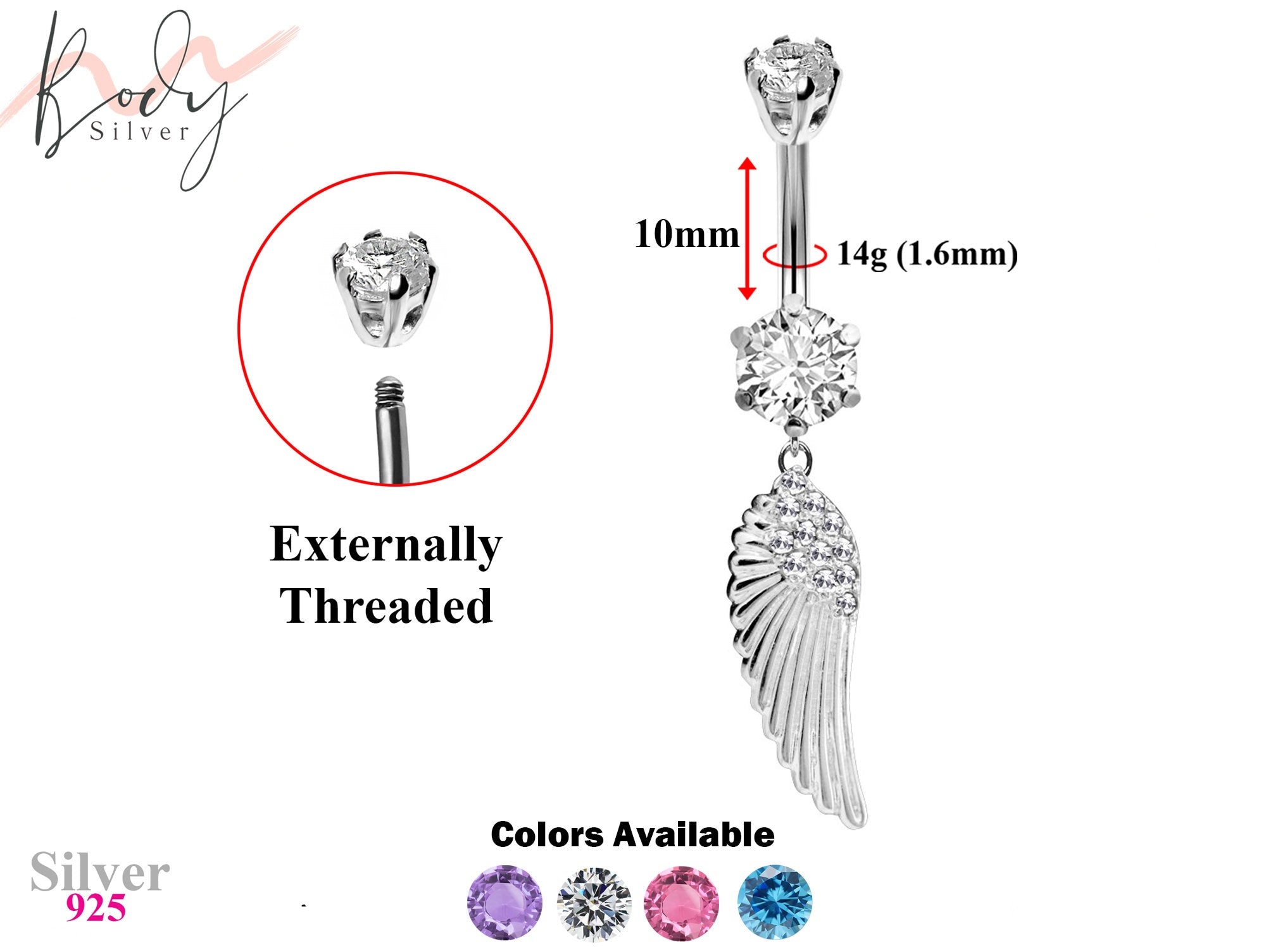 Designer Belly Bars - Silver - Angel Wing Design Belly Ring with CZ Crystals - Navel Ring - 14g (1.6mm) Length is 10mm