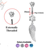 Designer Belly Bars - Silver - Angel Wing Design Belly Ring with CZ Crystals - Navel Ring - 14g (1.6mm) Length is 10mm