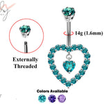 Designer Belly Button Ring - Silver - Heart hole with Heart Dangle Belly Ring made of CZ Crystals - Belly Button - 14g (1.6mm)