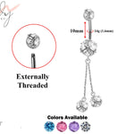 Designer Belly Button Ring - Silver - 2 Drop Dangle Round Belly Bar Design with CZ Crystals - Navel Ring - 14g (1.6mm) Length is 10mm