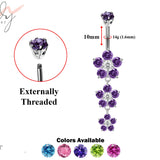 Designer Belly Bars - Silver - 3 Drop Five Petal Flower Design Belly Bars with CZ Crystals - Navel Ring - 14g (1.6mm) Length is 10mm