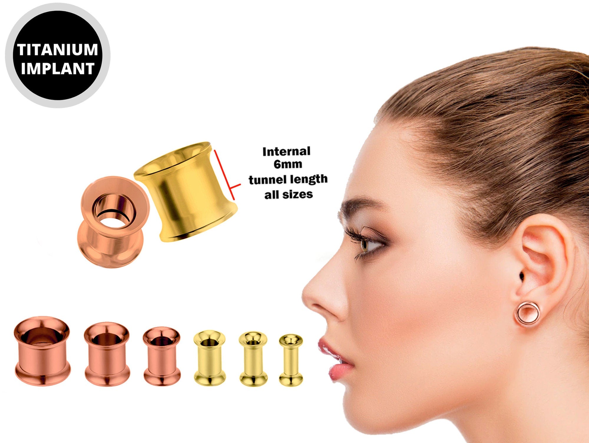 Titanium Steel Double Flare Not Screw Plugs Earring - Ear gauges, Ear Stretching Kit - 8g 6g 4g 2g 0g 00g - Gold & Rose Gold