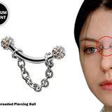 Curved Nose Bridge Piercing with Disco Ball Crystal and Steel Chain Titanium 18g 16g 14g Bent Bar Piercing also for Eyebrow, Lip Barbell