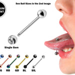 Tongue Barbell with Single Gem CZ Crystal Stud Piercing - Titanium 20g 18g 16g 14g Externally Threaded - Body Piercing Also for Nipple Bar