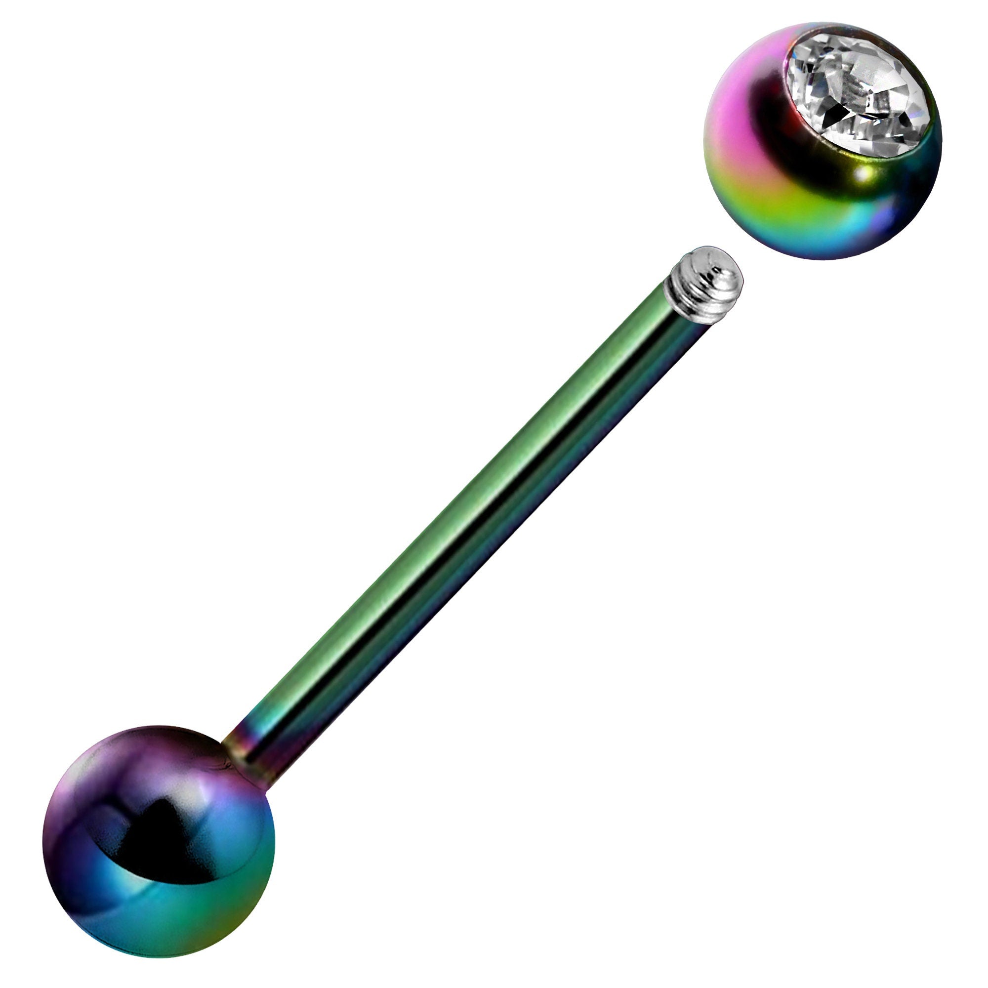 Tongue Barbell with Single Gem CZ Crystal Stud Piercing - Titanium 20g 18g 16g 14g Externally Threaded - Body Piercing Also for Nipple Bar