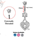 Designer Belly Rings - Silver - Dangle Heart and Key Lock Design Belly Bars surrounded with CZ Crystals - Navel Jewelry - 14g (1.6mm)