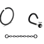 Black Nose Chain Jewelry - Nose Screw Stud with Crystal and Segment Ring Hinged with Chain Sets - Nose Combination Piercing 18G to 20G