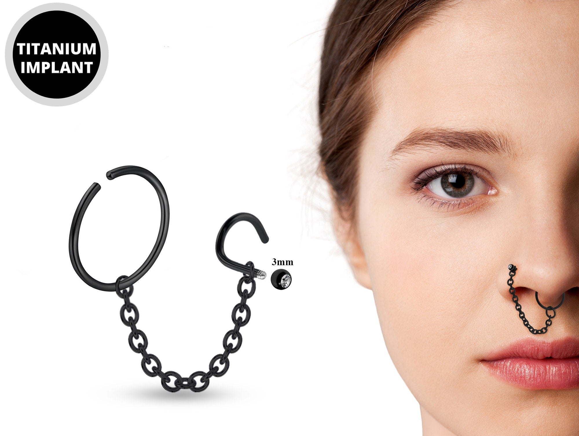 Black Nose Chain Jewelry - Nose Screw Stud with Crystal and Segment Ring Hinged with Chain Sets - Nose Combination Piercing 18G to 20G