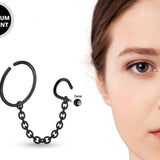 Black Nose Chain Jewelry - Nose Screw Stud with Crystal and Segment Ring Hinged with Chain Sets - Nose Combination Piercing 18G to 20G