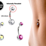 Titanium Internally Threaded Belly Bar, Belly Ring - 14g Double Jeweled Belly Crystal Body Jewellery Navel Piercing