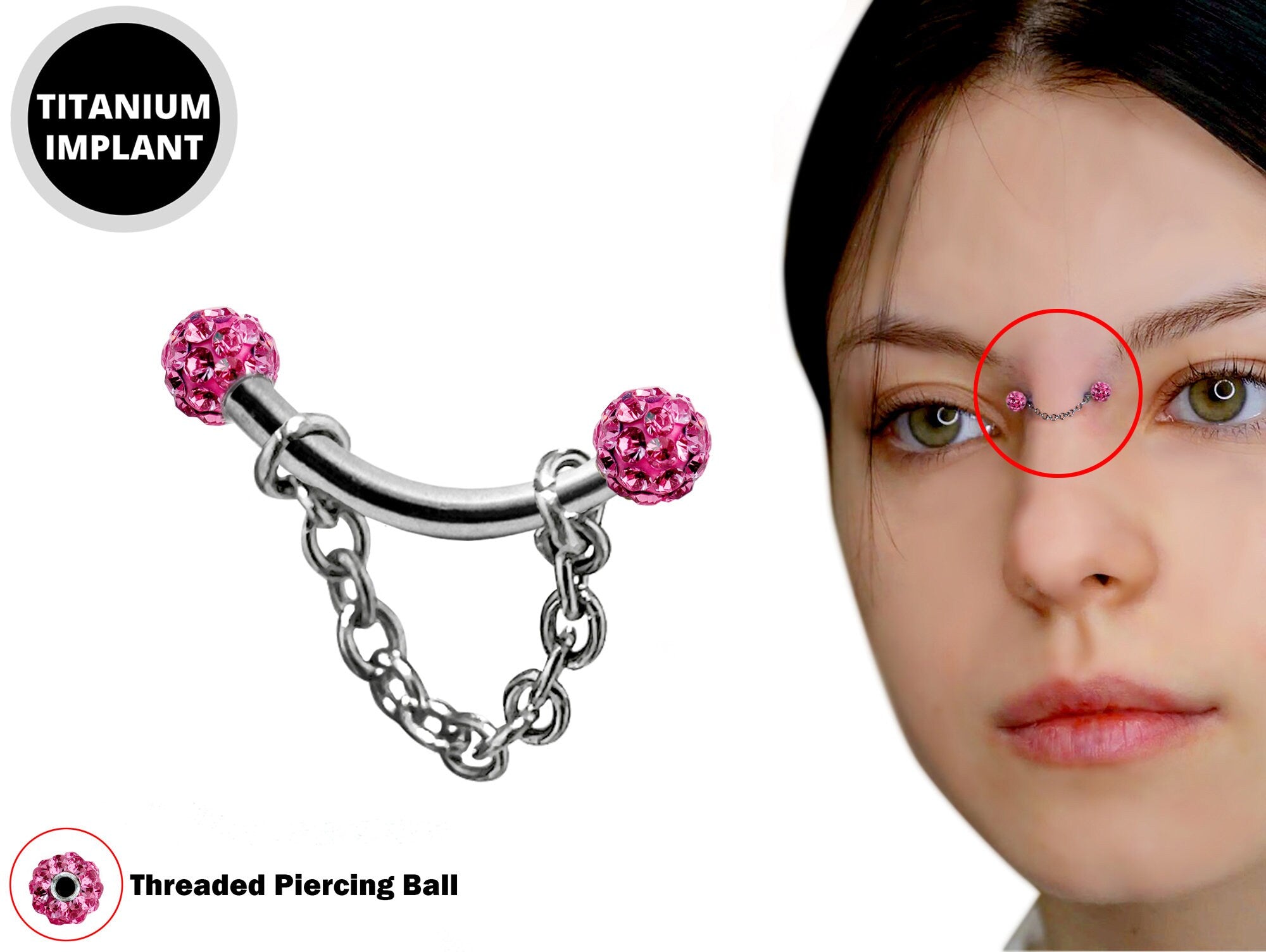 Curved Nose Bridge Piercing with Disco Ball Crystal and Steel Chain Titanium 18g 16g 14g Bent Bar Piercing also for Eyebrow, Lip Barbell