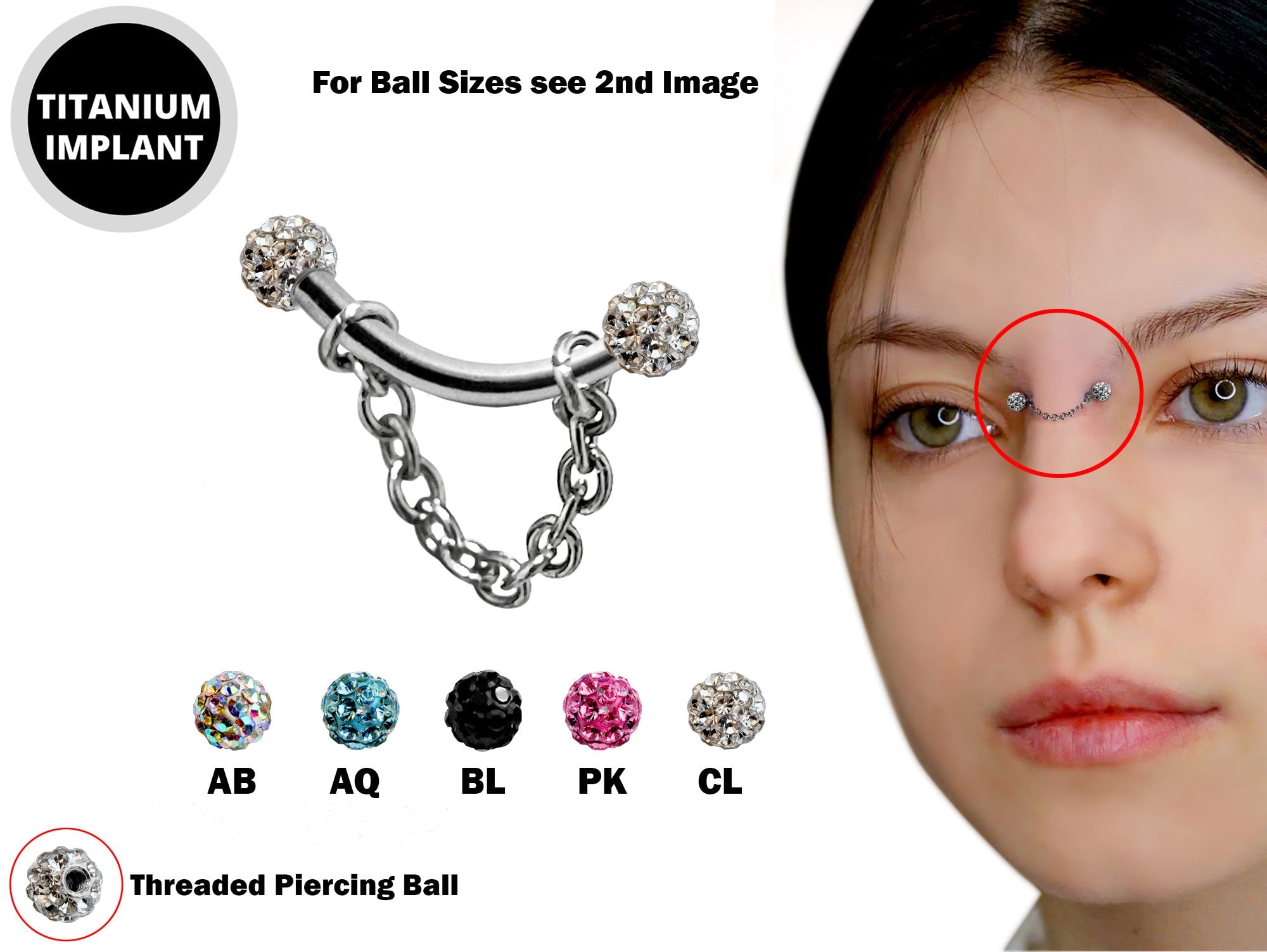 Curved Nose Bridge Piercing with Disco Ball Crystal and Steel Chain Titanium 18g 16g 14g Bent Bar Piercing also for Eyebrow, Lip Barbell