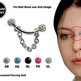 Curved Nose Bridge Piercing with Disco Ball Crystal and Steel Chain Titanium 18g 16g 14g Bent Bar Piercing also for Eyebrow, Lip Barbell