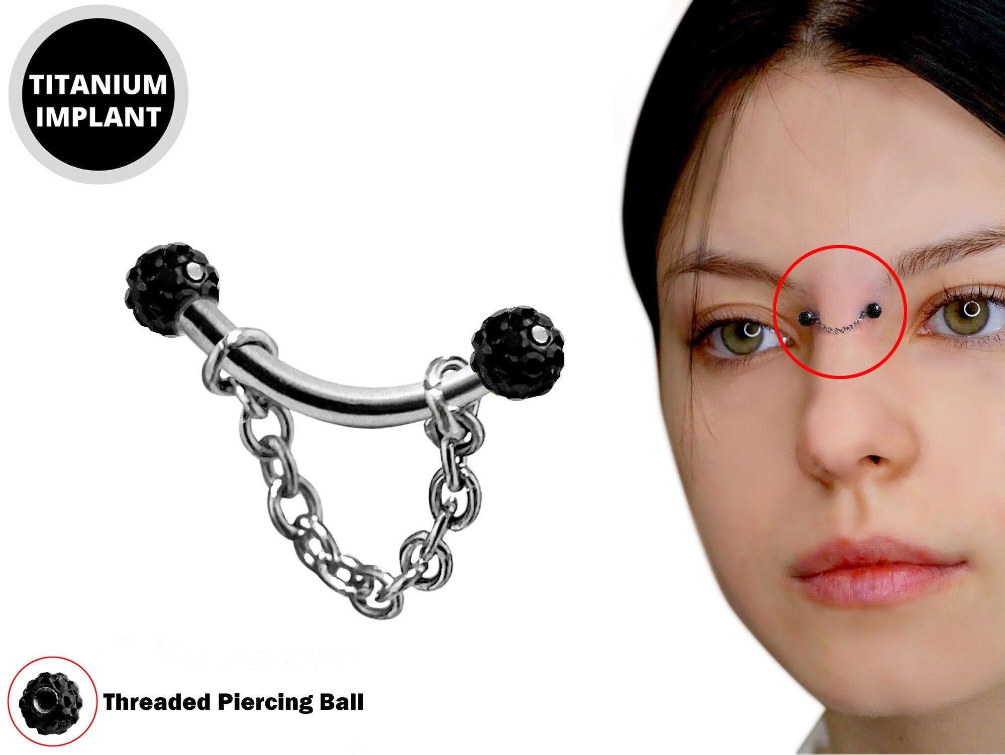 Curved Nose Bridge Piercing with Disco Ball Crystal and Steel Chain Titanium 18g 16g 14g Bent Bar Piercing also for Eyebrow, Lip Barbell