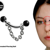 Curved Nose Bridge Piercing with Disco Ball Crystal and Steel Chain Titanium 18g 16g 14g Bent Bar Piercing also for Eyebrow, Lip Barbell