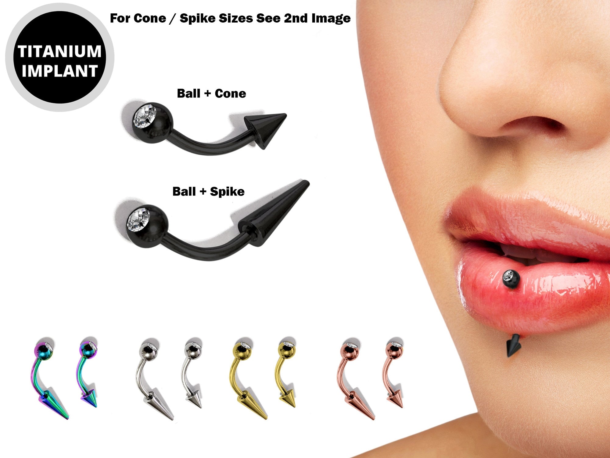 Vertical Labret Lip Piercings with Gem Ball Crystal Titanium Spikes / Cone 18g 16g 14g Curved Bar Also Piercing Stud for Anti- Eyebrow, Rook