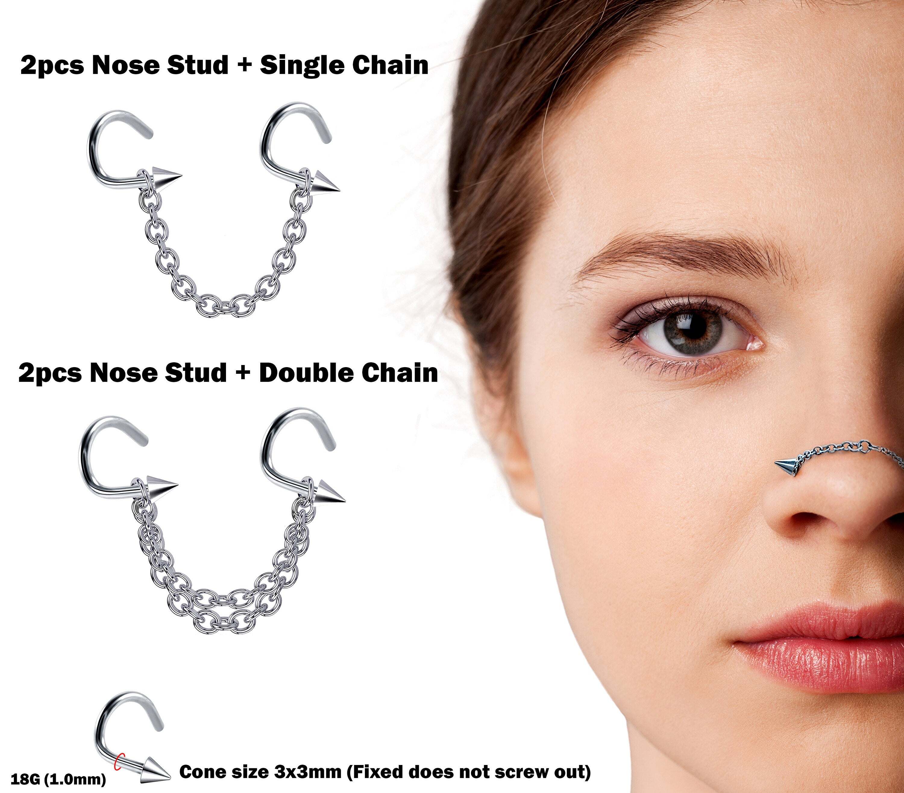 Spike Nasallang Nose Screw Piercing, 2pcs Nostril Studs with Chain Piercing - 18G Nose Piercing with Fixed Cone/Spike Black Nostril Jewelry