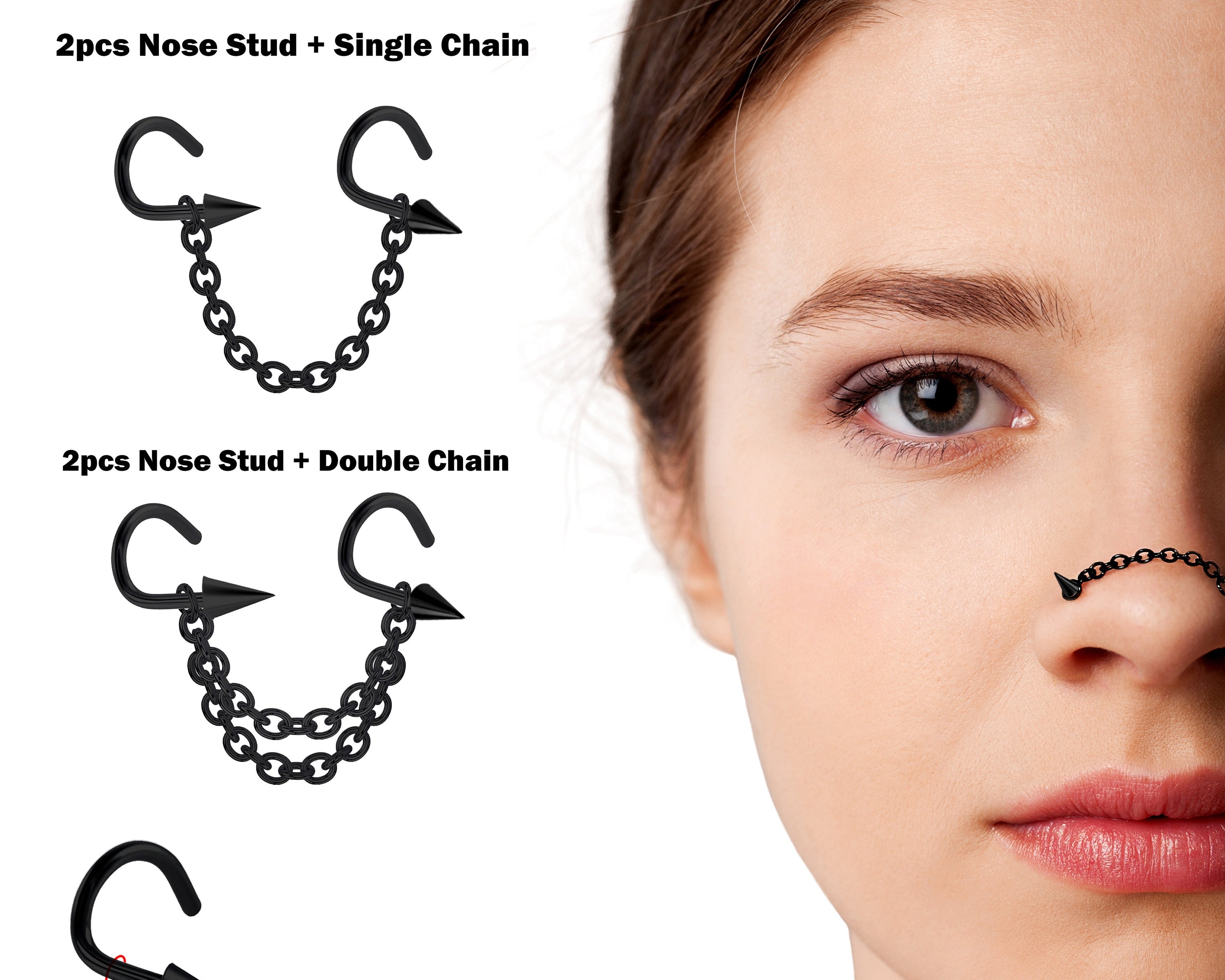 Spike Nasallang Nose Screw Piercing, 2pcs Nostril Studs with Chain Piercing - 18G Nose Piercing with Fixed Cone/Spike Black Nostril Jewelry