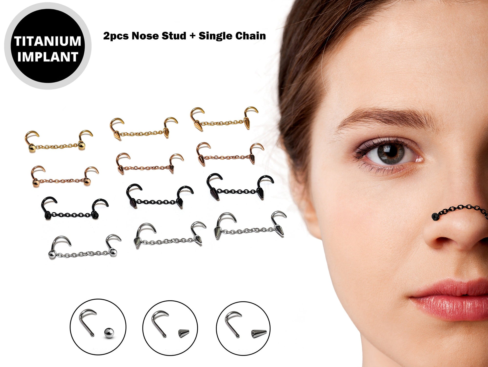 Nasallang Nostril Screw Piercing, 2pcs Ball-Cone-Spike Nostril Studs with Chain Piercing - Nose Piercing, Nostril Jewelry in many Colors