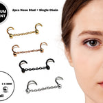 Nasallang Nostril Screw Piercing, 2pcs Ball-Cone-Spike Nostril Studs with Chain Piercing - Nose Piercing, Nostril Jewelry in many Colors