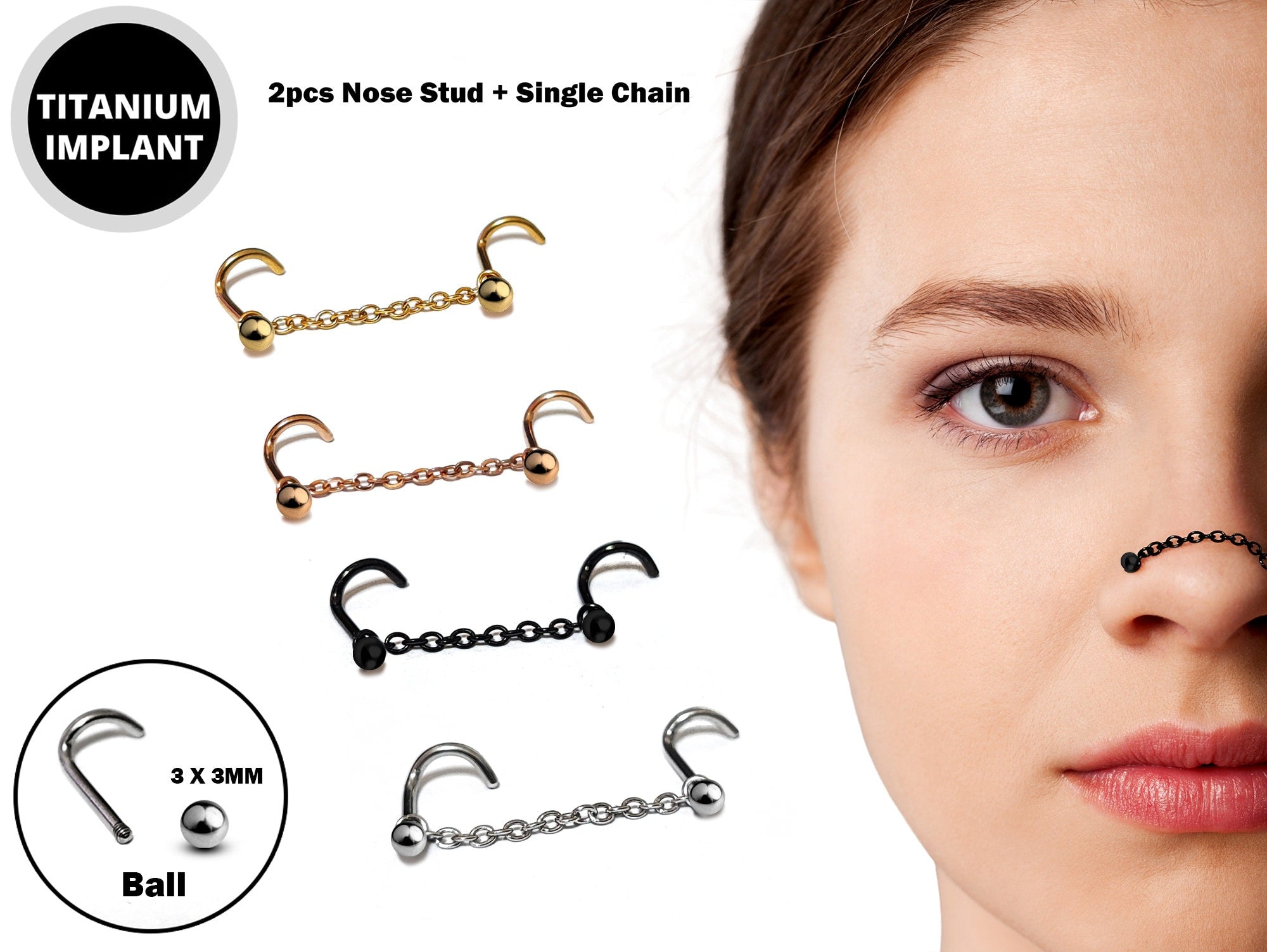 Nasallang Nostril Screw Piercing, 2pcs Ball-Cone-Spike Nostril Studs with Chain Piercing - Nose Piercing, Nostril Jewelry in many Colors