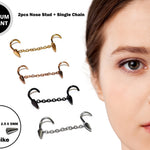 Nasallang Nostril Screw Piercing, 2pcs Ball-Cone-Spike Nostril Studs with Chain Piercing - Nose Piercing, Nostril Jewelry in many Colors