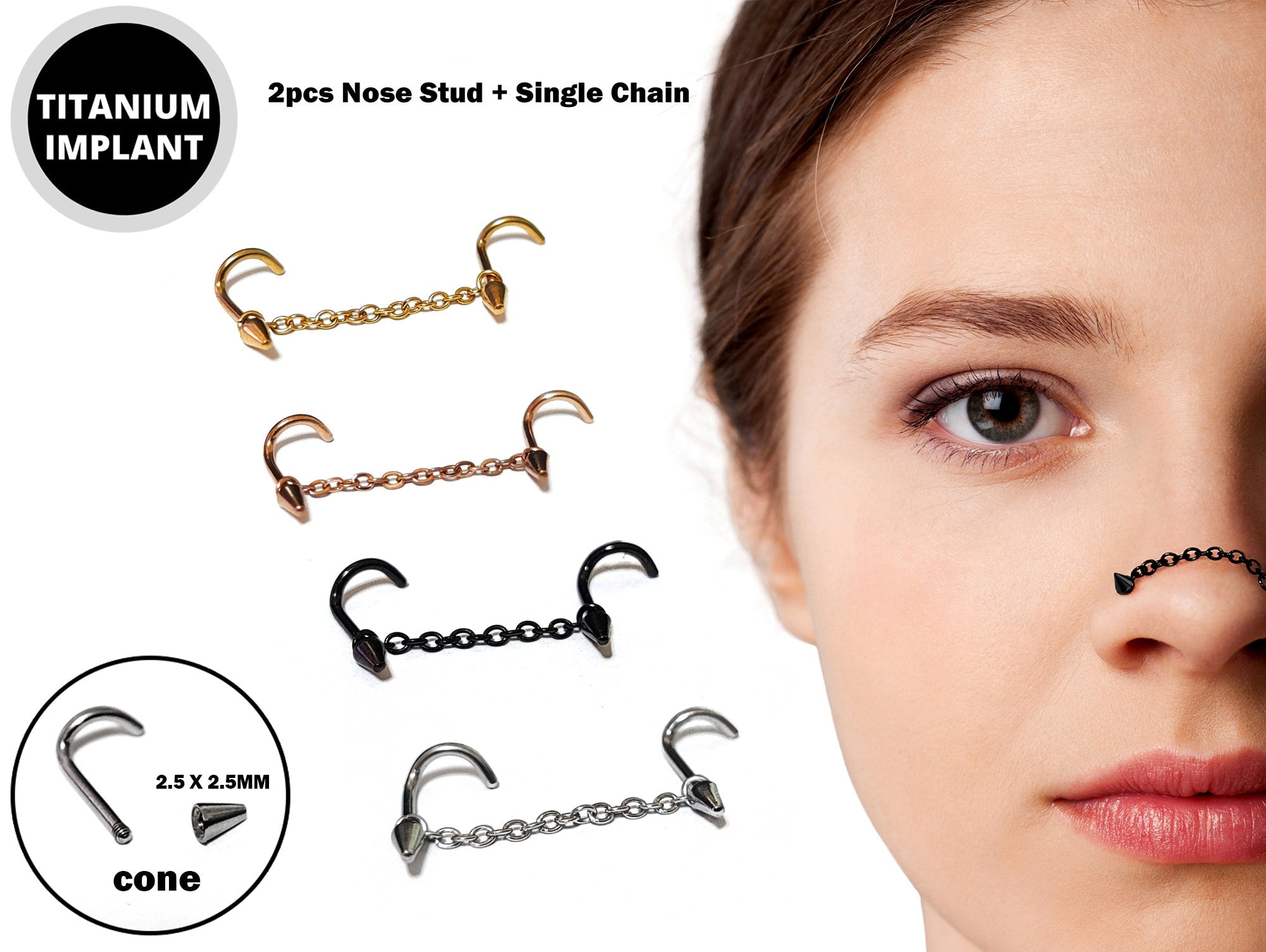 Nasallang Nostril Screw Piercing, 2pcs Ball-Cone-Spike Nostril Studs with Chain Piercing - Nose Piercing, Nostril Jewelry in many Colors