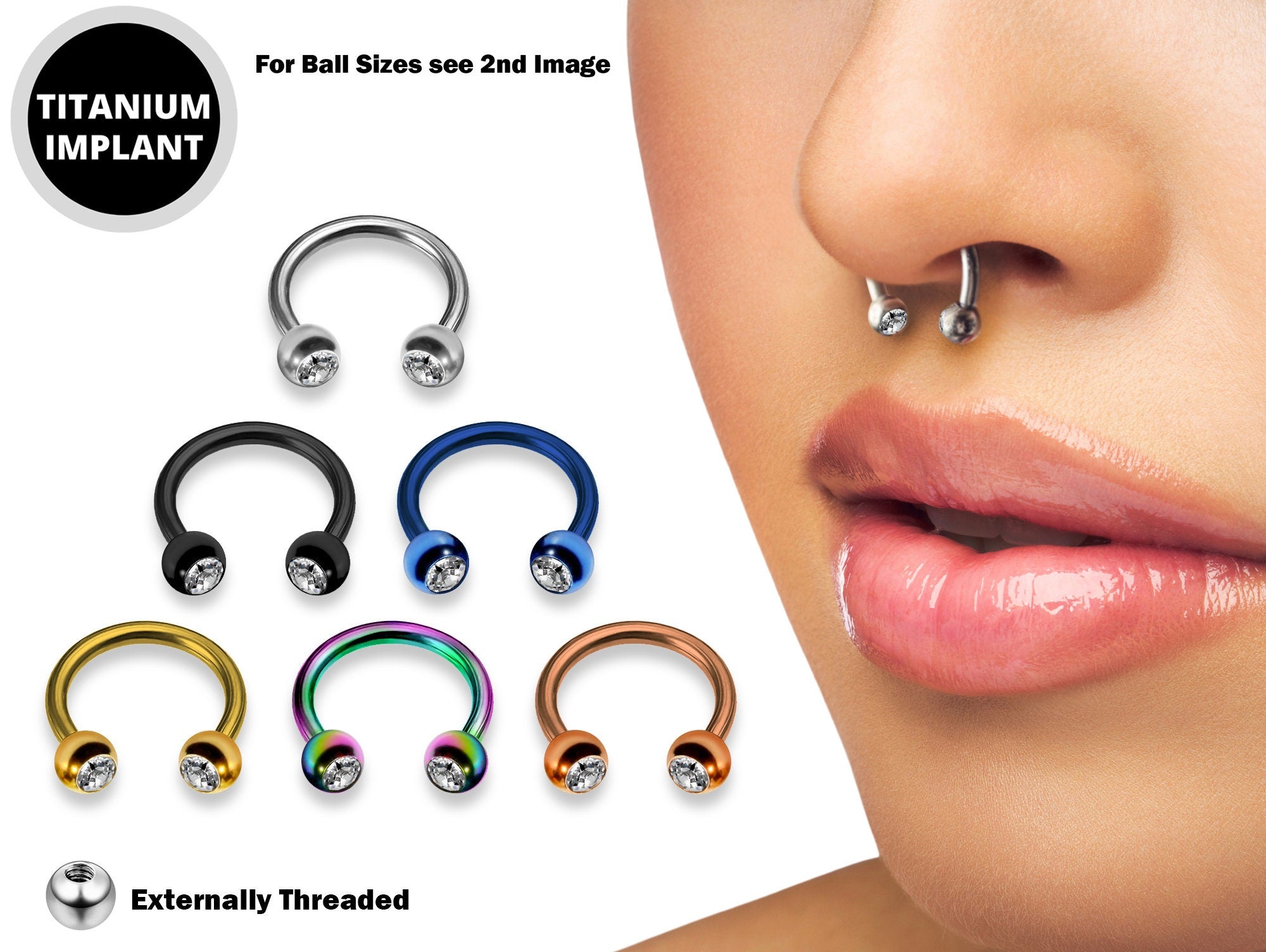 Horseshoe Ring Piercing Coloured with Gem Ball Crystals 18g 16g 14g Titanium Septum Jewelry Bull Piercing - Also for Nipple, PA Ring and Lip