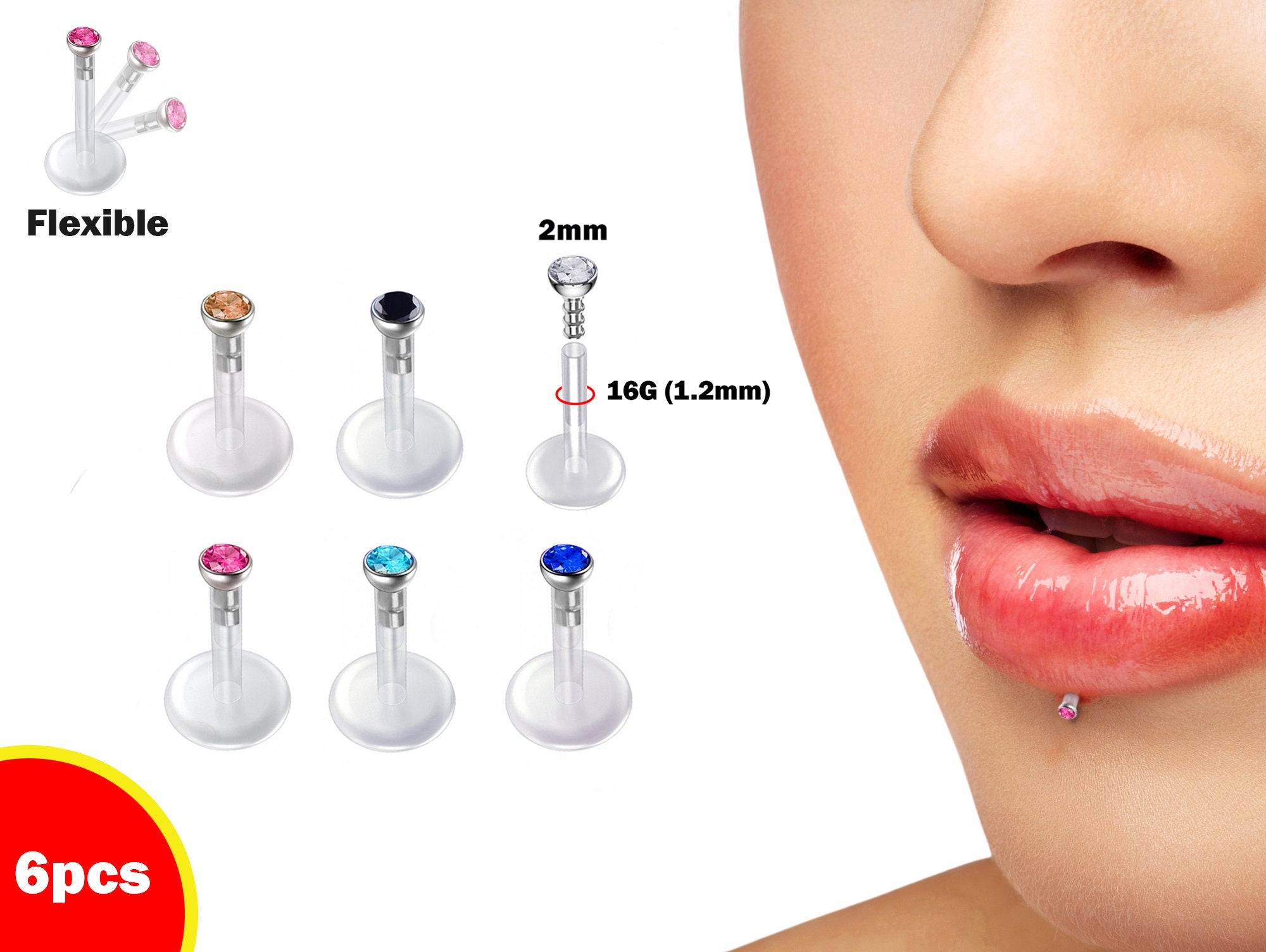 Flexible Labret Retainer - 6 pieces - 16G Labret with Top Gem CZ Crystals - Bioplast Labret - Hide Piercing Lip Labret - Clear Transparent