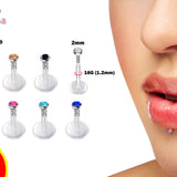 Flexible Labret Retainer - 6 pieces - 16G Labret with Top Gem CZ Crystals - Bioplast Labret - Hide Piercing Lip Labret - Clear Transparent