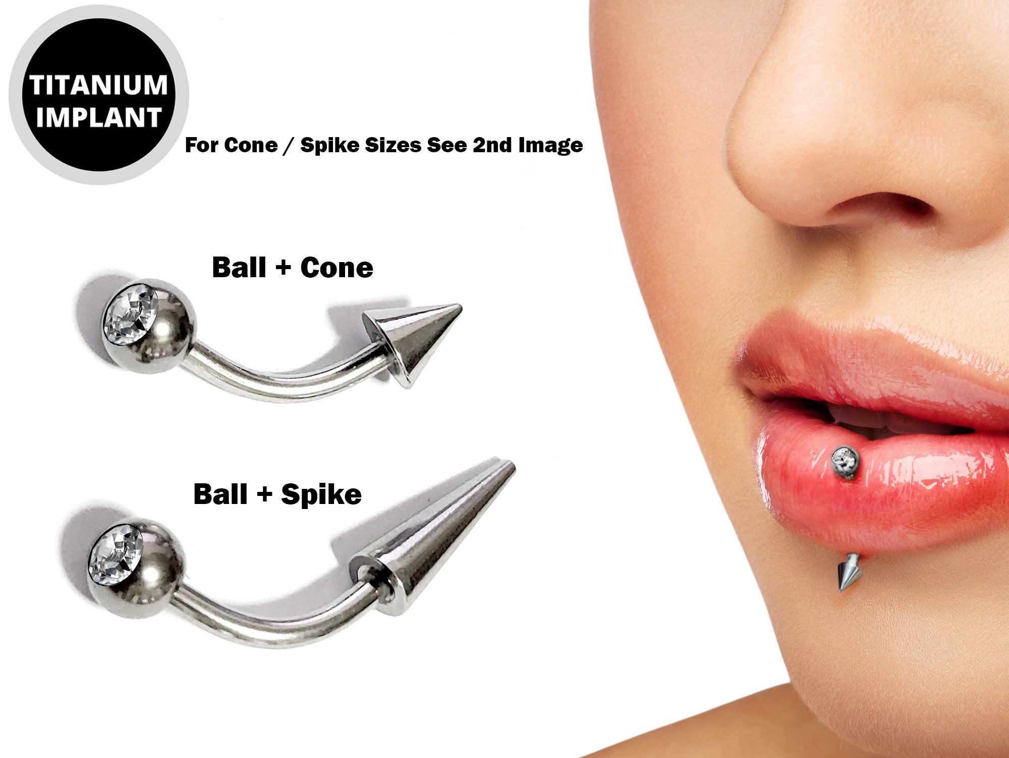 Vertical Labret Lip Piercings with Gem Ball Crystal Titanium Spikes / Cone 18g 16g 14g Curved Bar Also Piercing Stud for Anti- Eyebrow, Rook