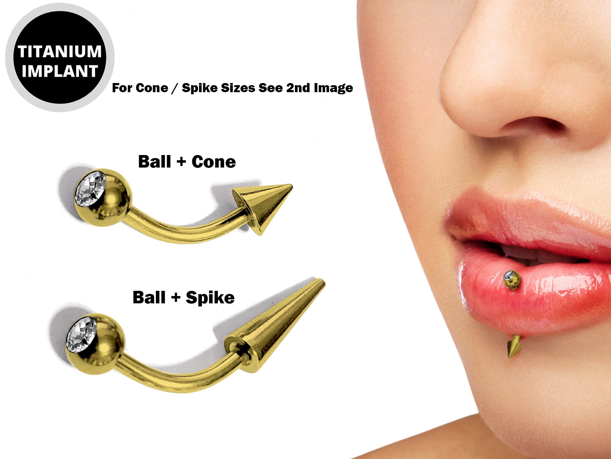 Vertical Labret Lip Piercings with Gem Ball Crystal Titanium Spikes / Cone 18g 16g 14g Curved Bar Also Piercing Stud for Anti- Eyebrow, Rook