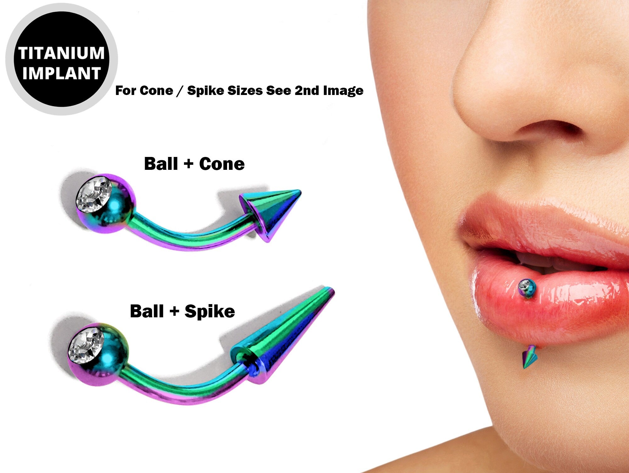 Vertical Labret Lip Piercings with Gem Ball Crystal Titanium Spikes / Cone 18g 16g 14g Curved Bar Also Piercing Stud for Anti- Eyebrow, Rook