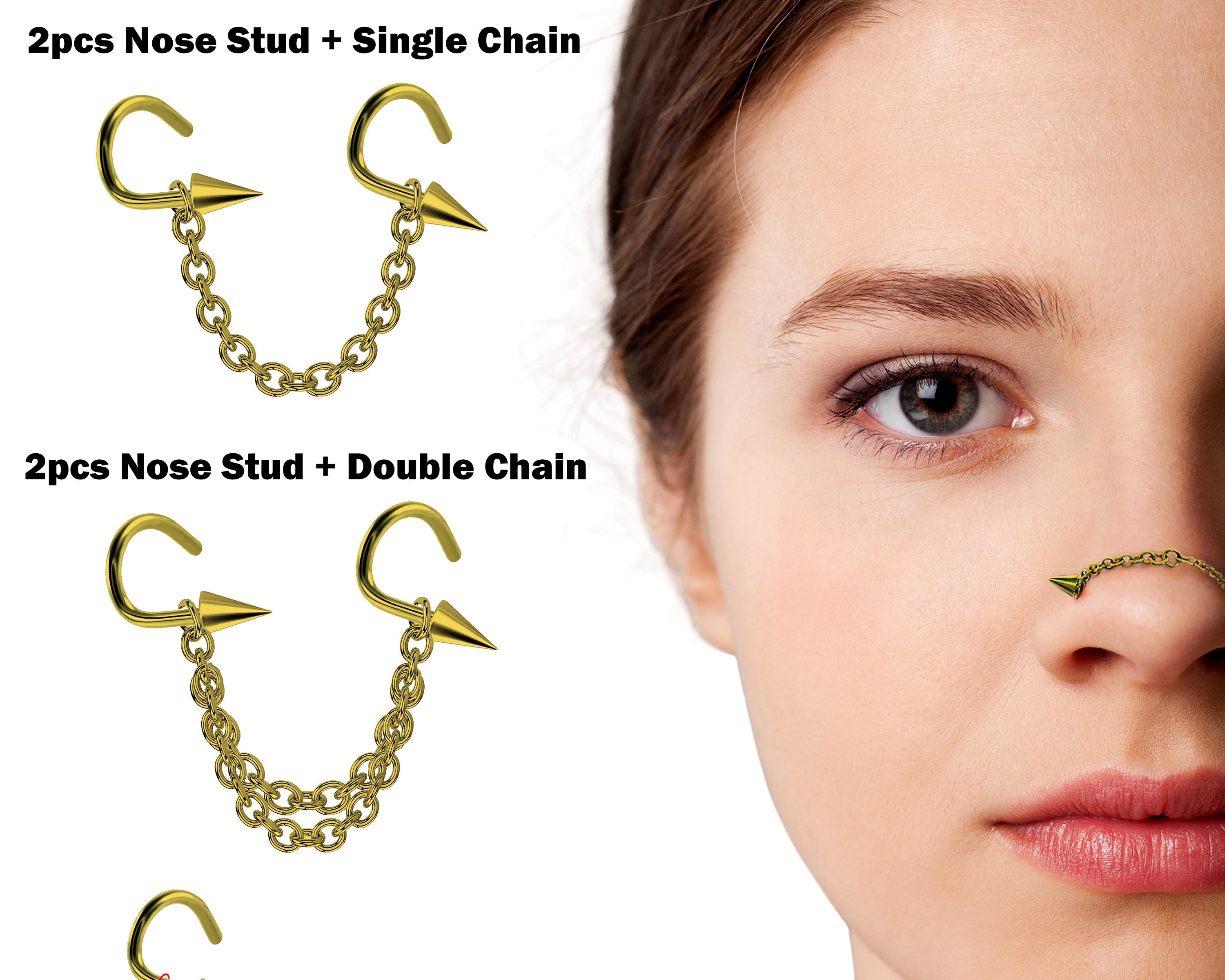 Spike Nasallang Nose Screw Piercing, 2pcs Nostril Studs with Chain Piercing - 18G Nose Piercing with Fixed Cone/Spike Black Nostril Jewelry