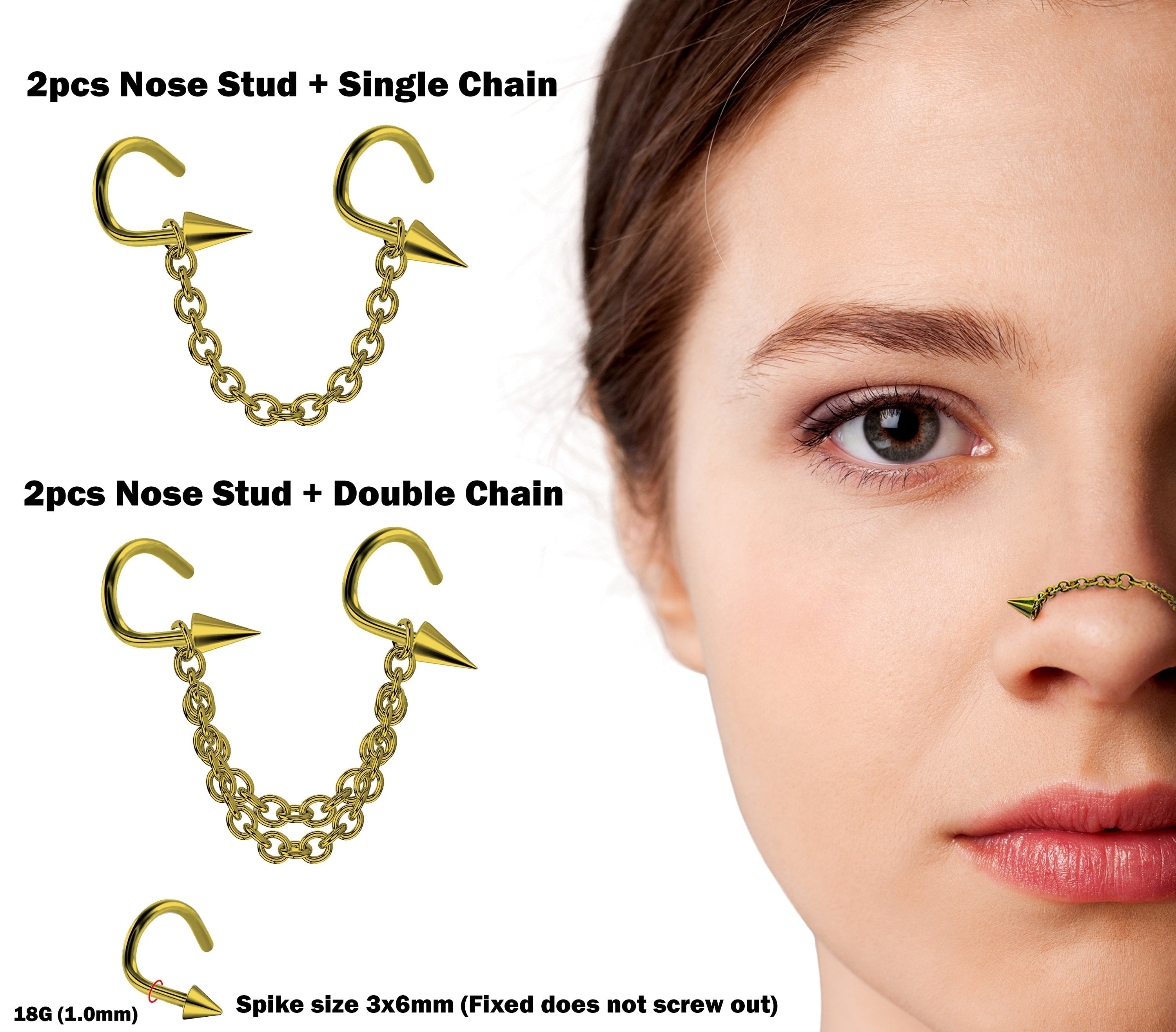 Spike Nasallang Nose Screw Piercing, 2pcs Nostril Studs with Chain Piercing - 18G Nose Piercing with Fixed Cone/Spike Black Nostril Jewelry