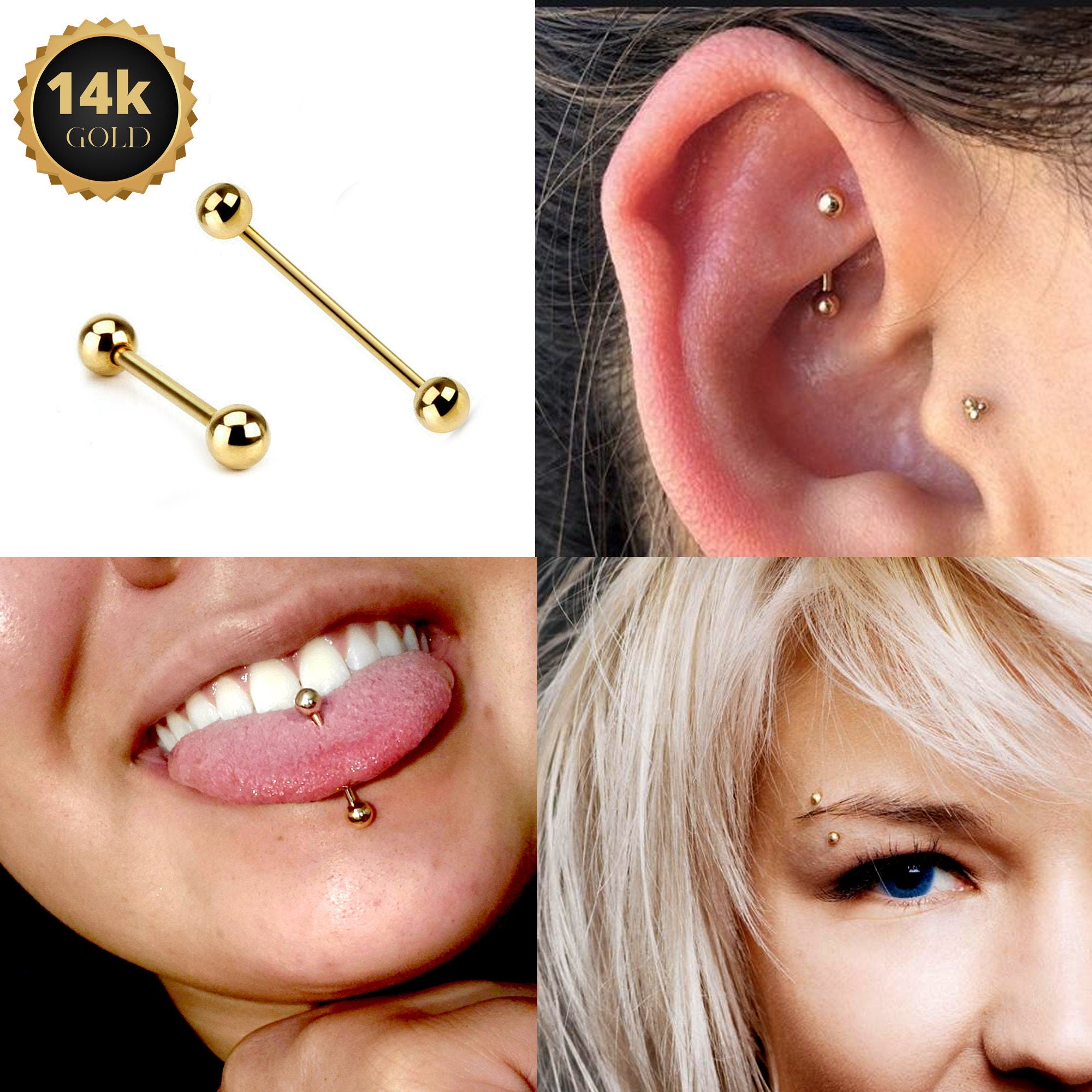 14K Solid Gold Straight Barbell Piercing - 14K Gold Body Piercing for Ears, Tongue, Nipples Jewelry, Cartilage Bar - 14G 16G available