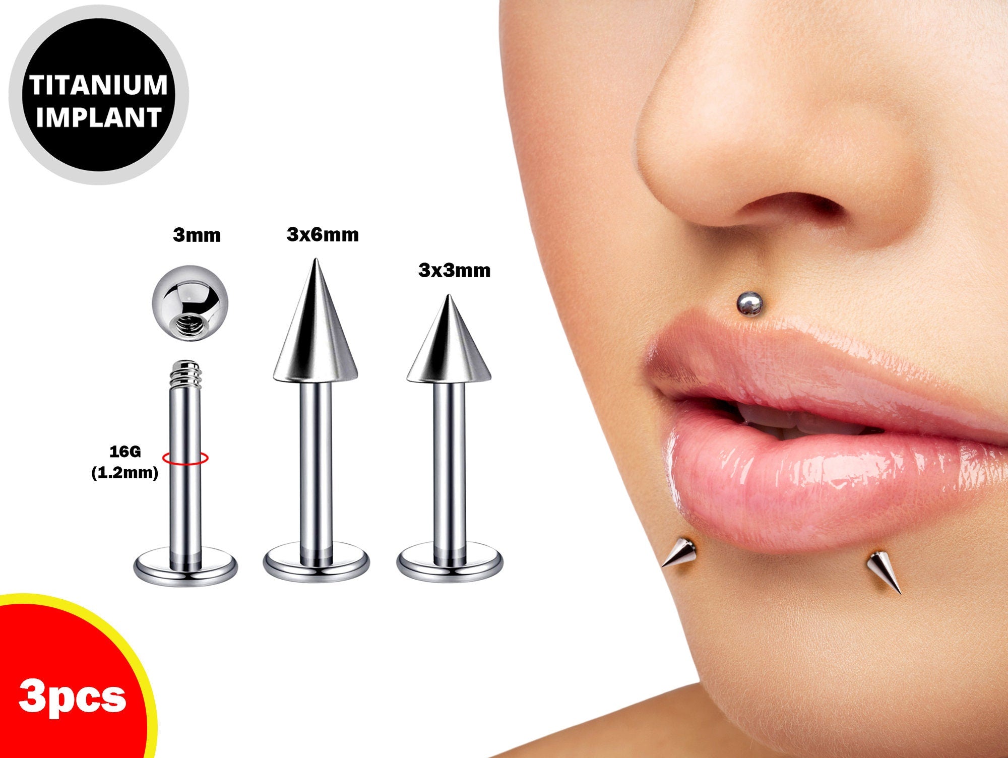 Labret Stud Piercing Ball, Cone, Spike - 3pcs - Titanium 16g Lip Piercing Also for Tragus Helix Cartilage Madonna Medusa Side Labret