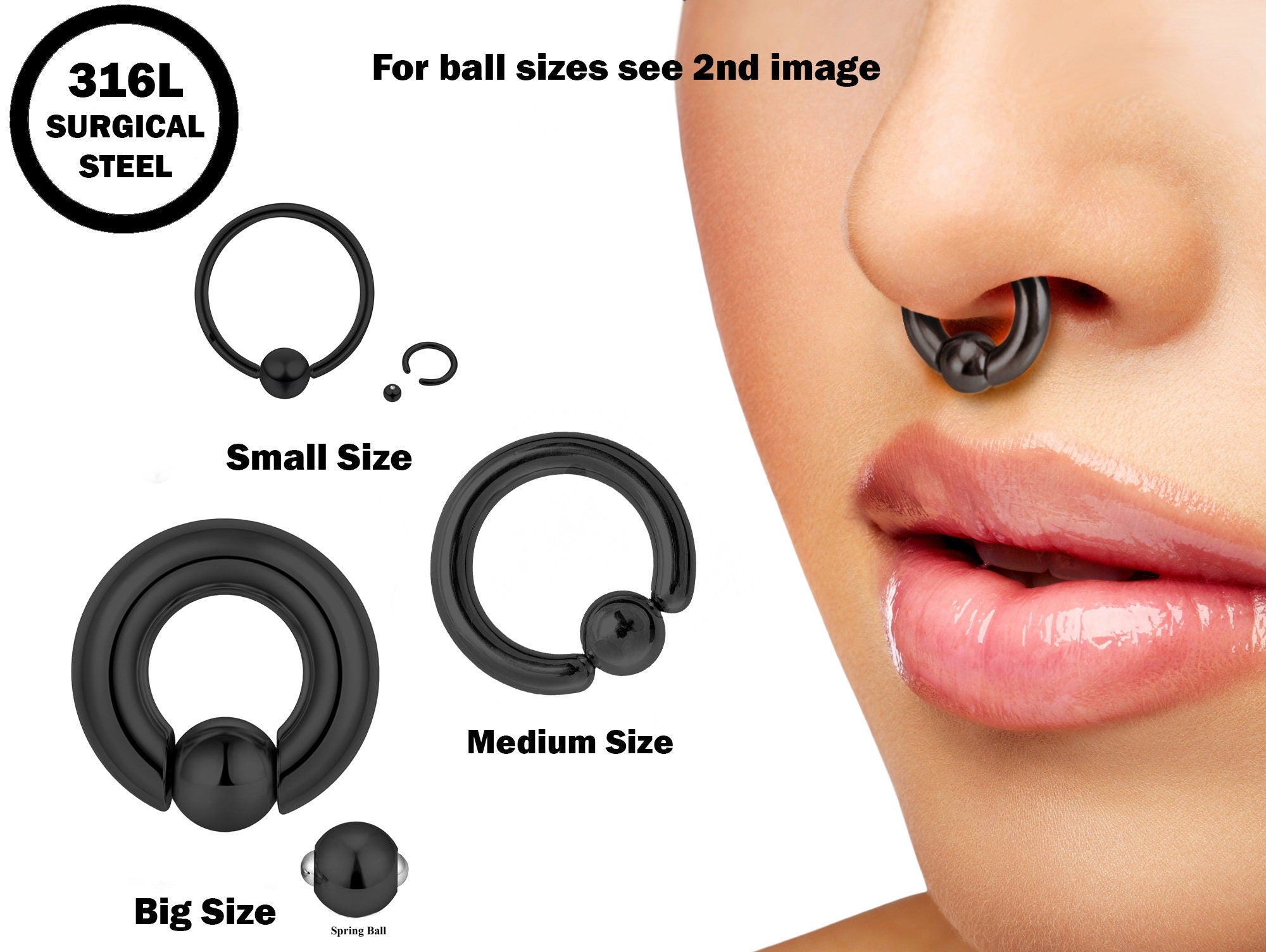 Black Captive Ball Ring Piercing 18g to 00g ,Big Gauge is with Spring Ball Septum Nose Piercing Jewelry Also Piercing for Genital