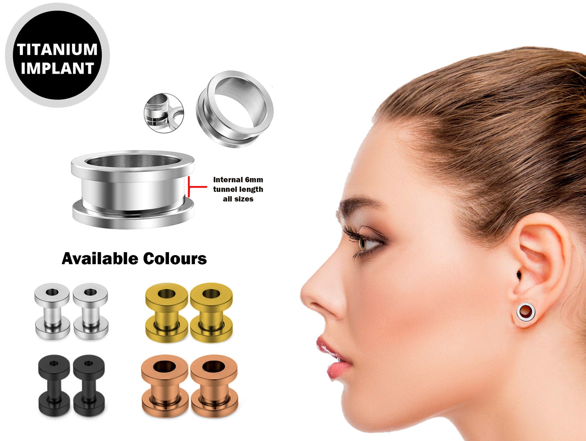 Titanium Steel Flesh Tunnel Plug Earrings - Screw back Ear gauges, Ear Stretching Kit - 8g 6g 4g 2g 0g 00g - Silver, Black, Gold & Rose Gold